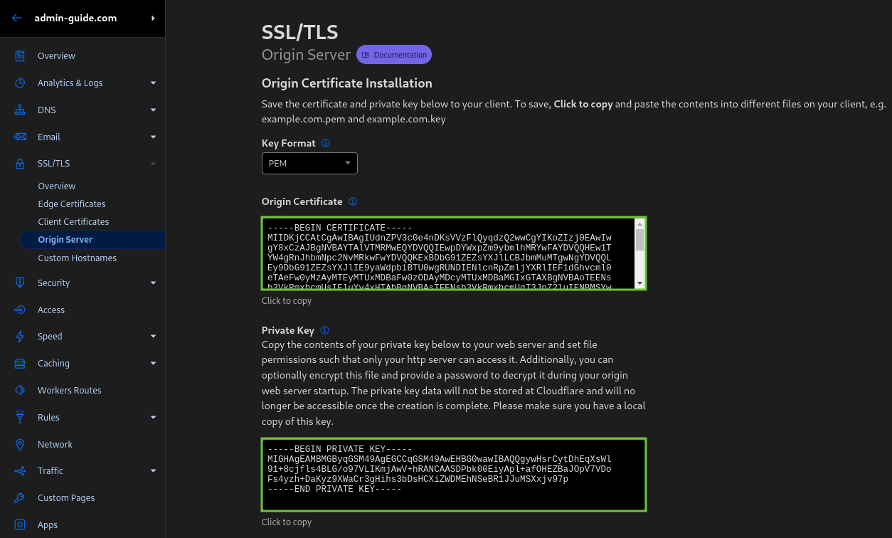 Cloudflare Origin Server Zertifikatserstellung