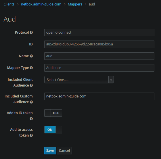 Keycloak Clients -> Client ID -> Mappers -> aud